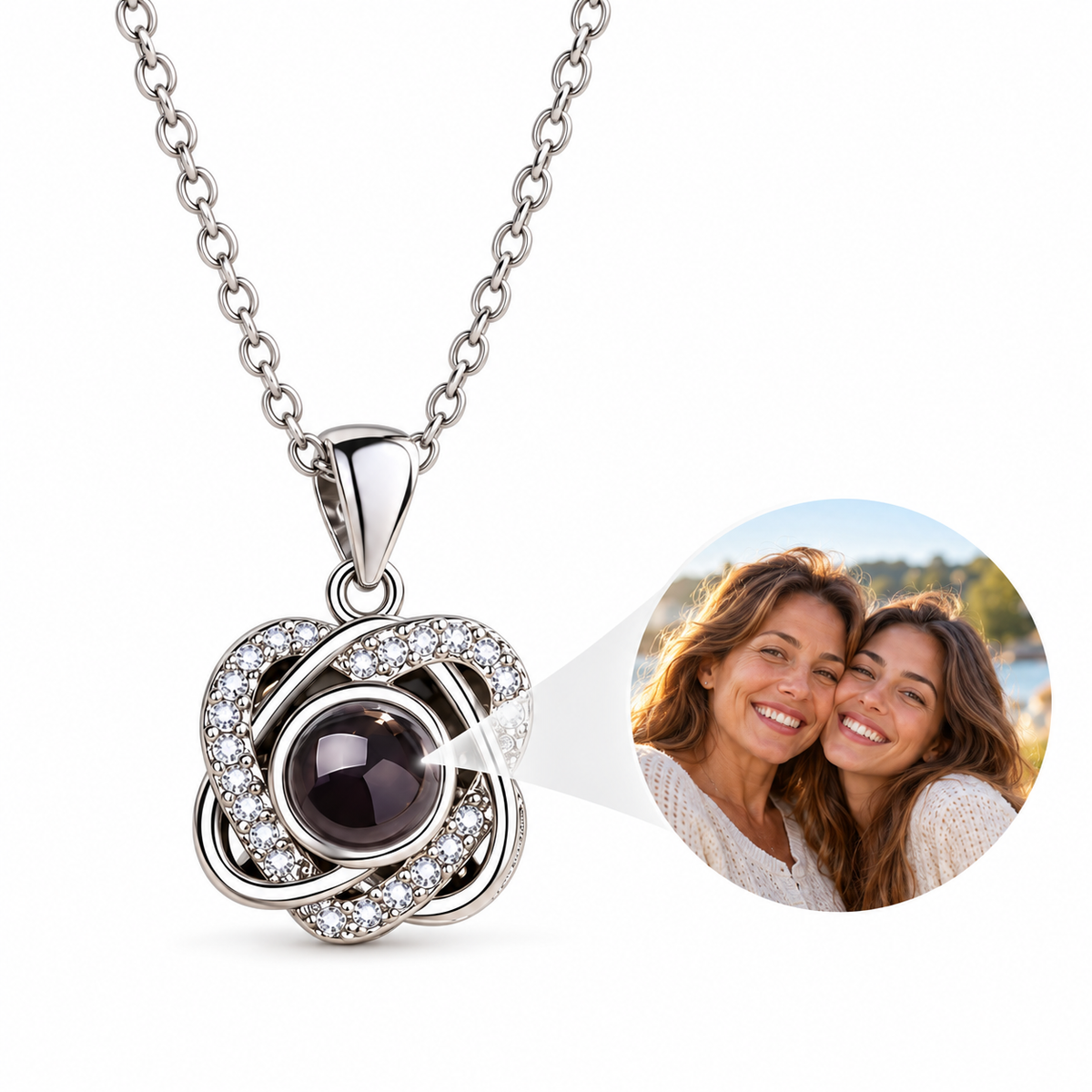 Personalized Sparkling Swirl Knot Photo Necklace
