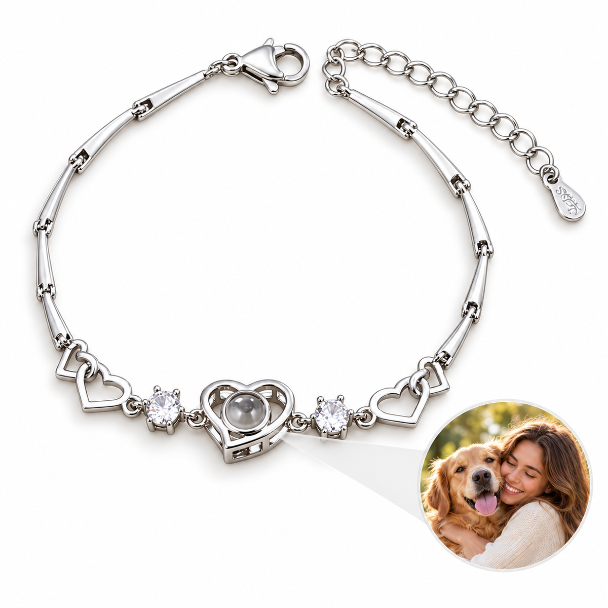 Personalized Heart and Sparkle Bar-Link Photo Bracelet