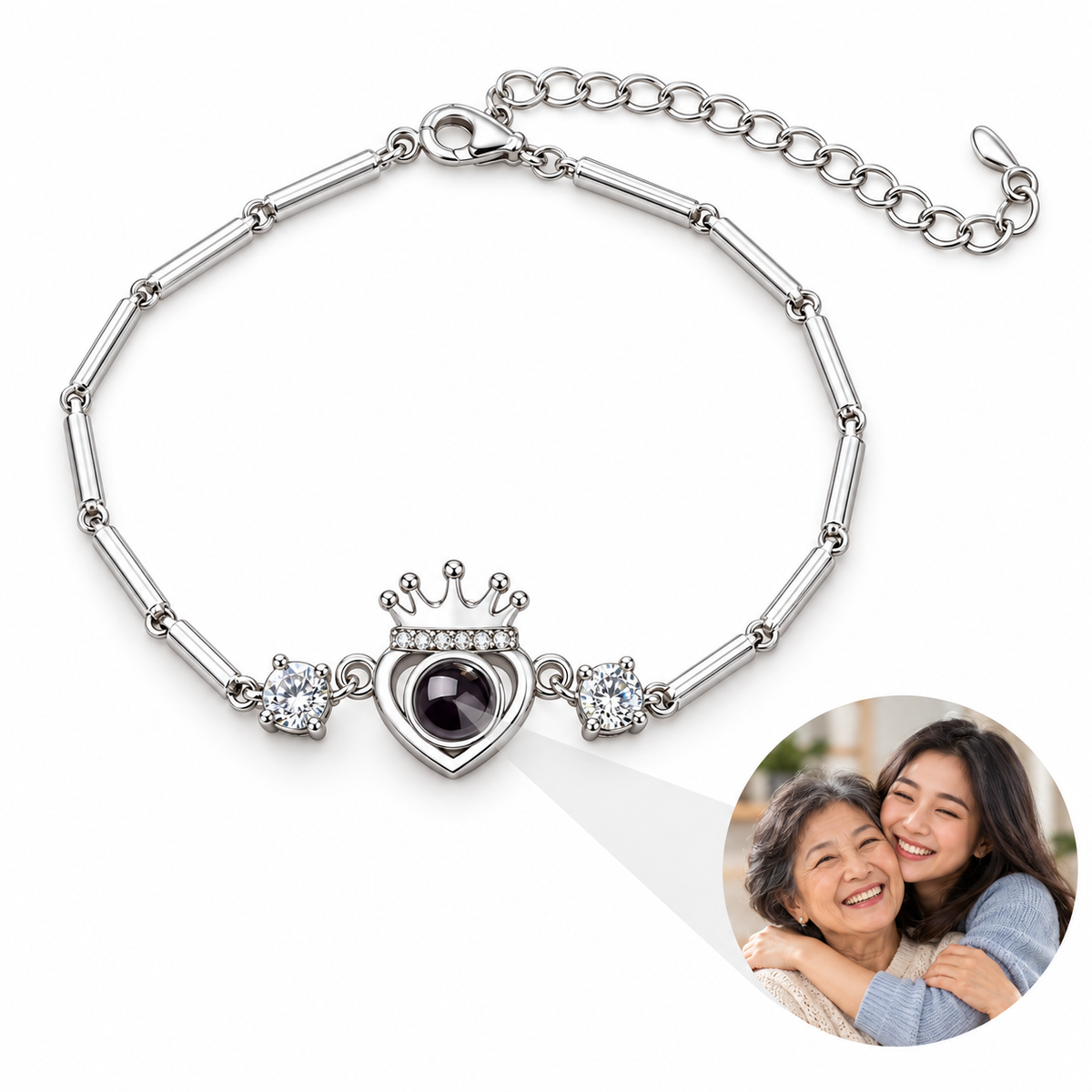 Personalized Crown Heart Bar-Link Photo Bracelet