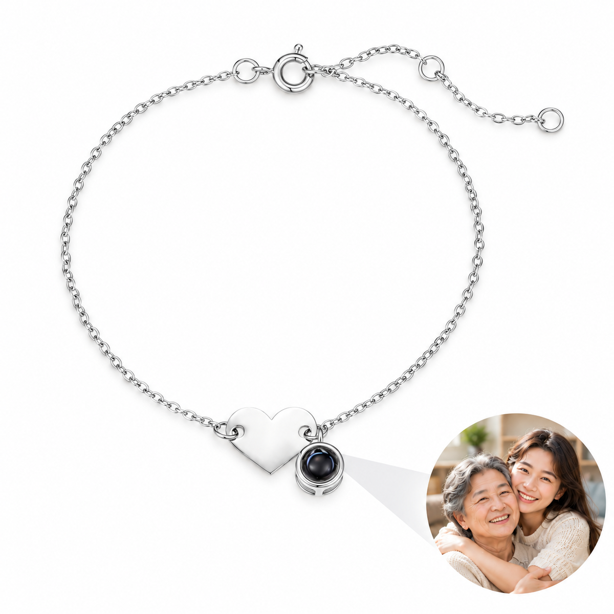 Personalized Heart Plate and Round Charm Photo Bracelet