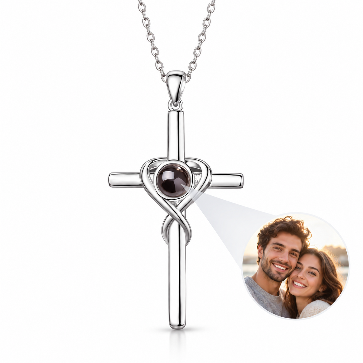 Personalized Cross and Heart Photo Necklace