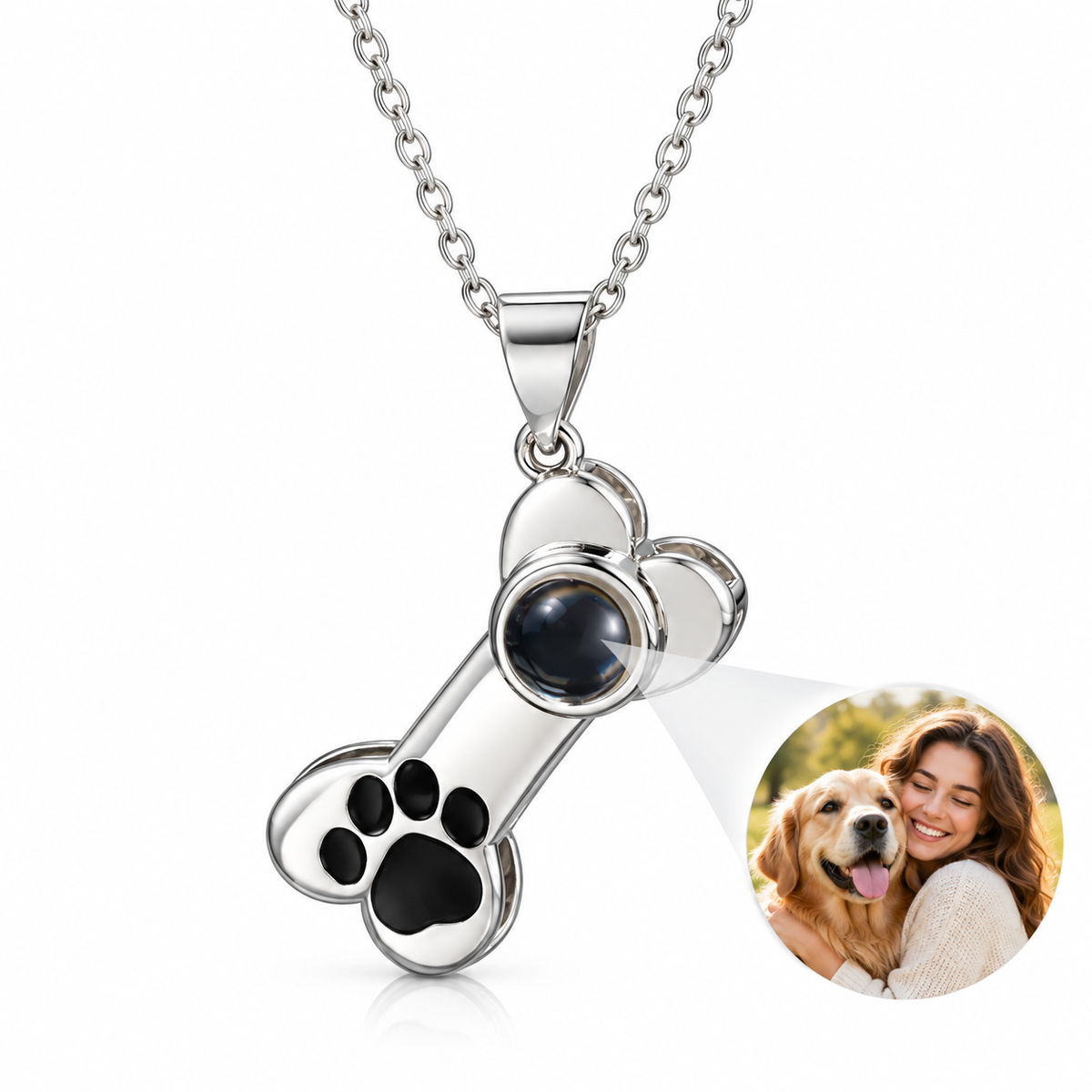 Personalized Dog Bone and Paw Photo Necklace