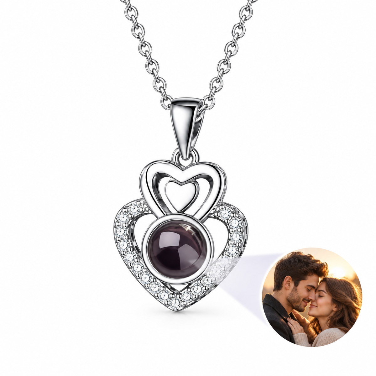Personalized Double Heart Photo Necklace