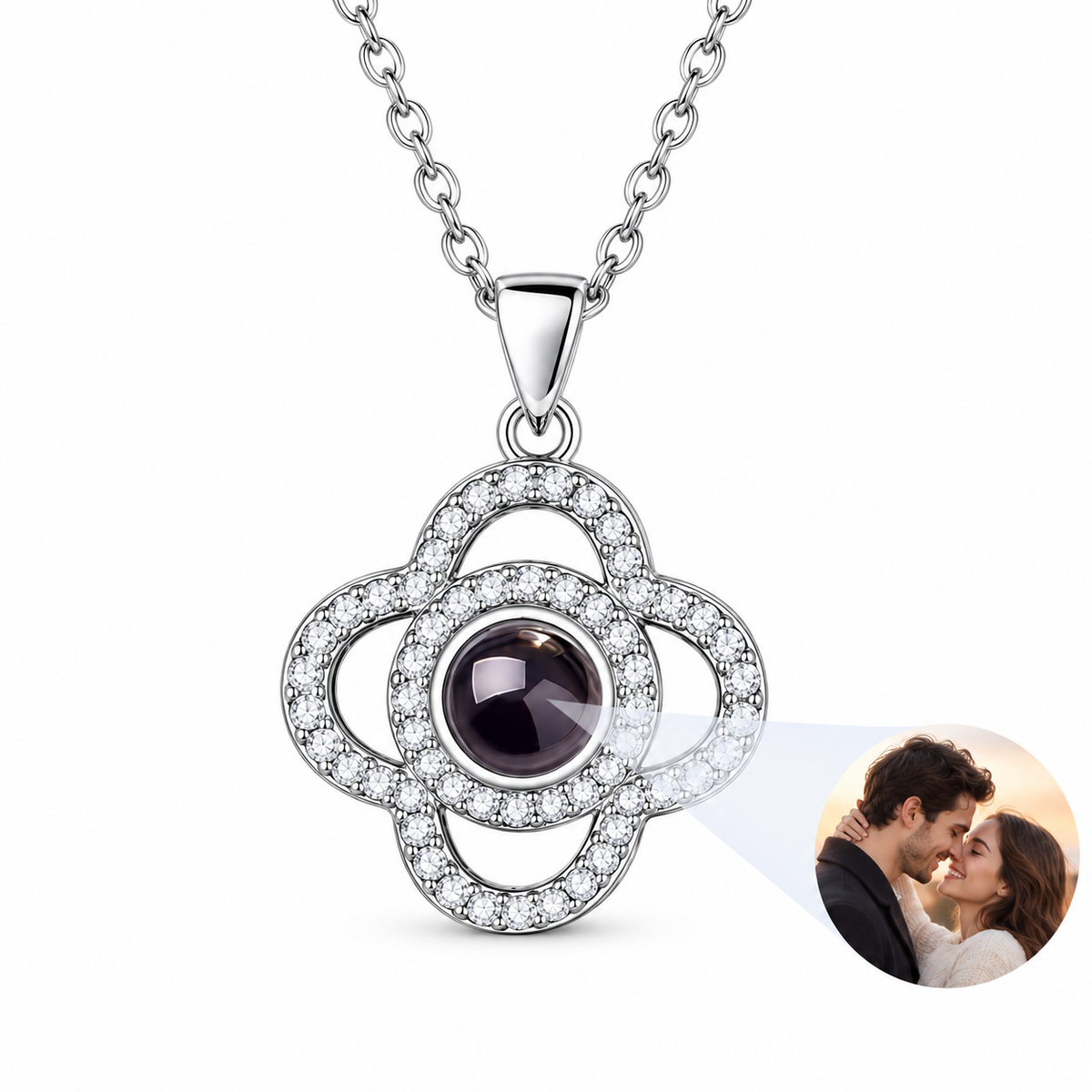 Personalized Open Four-Petal Flower Photo Necklace