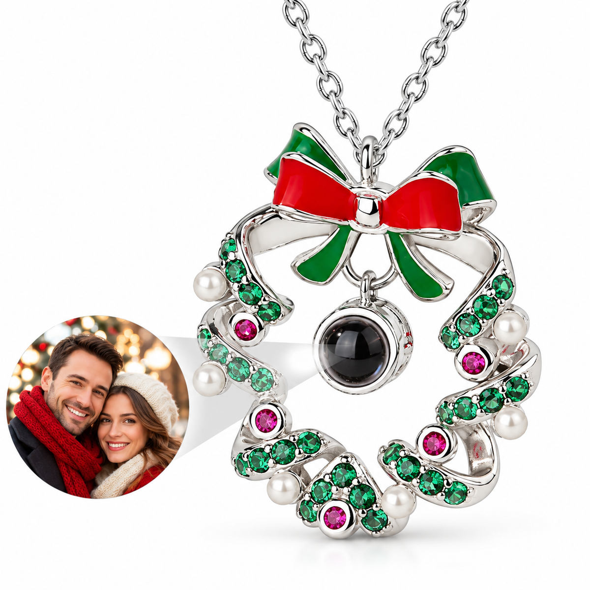 Personalized Christmas Wreath Photo Necklace