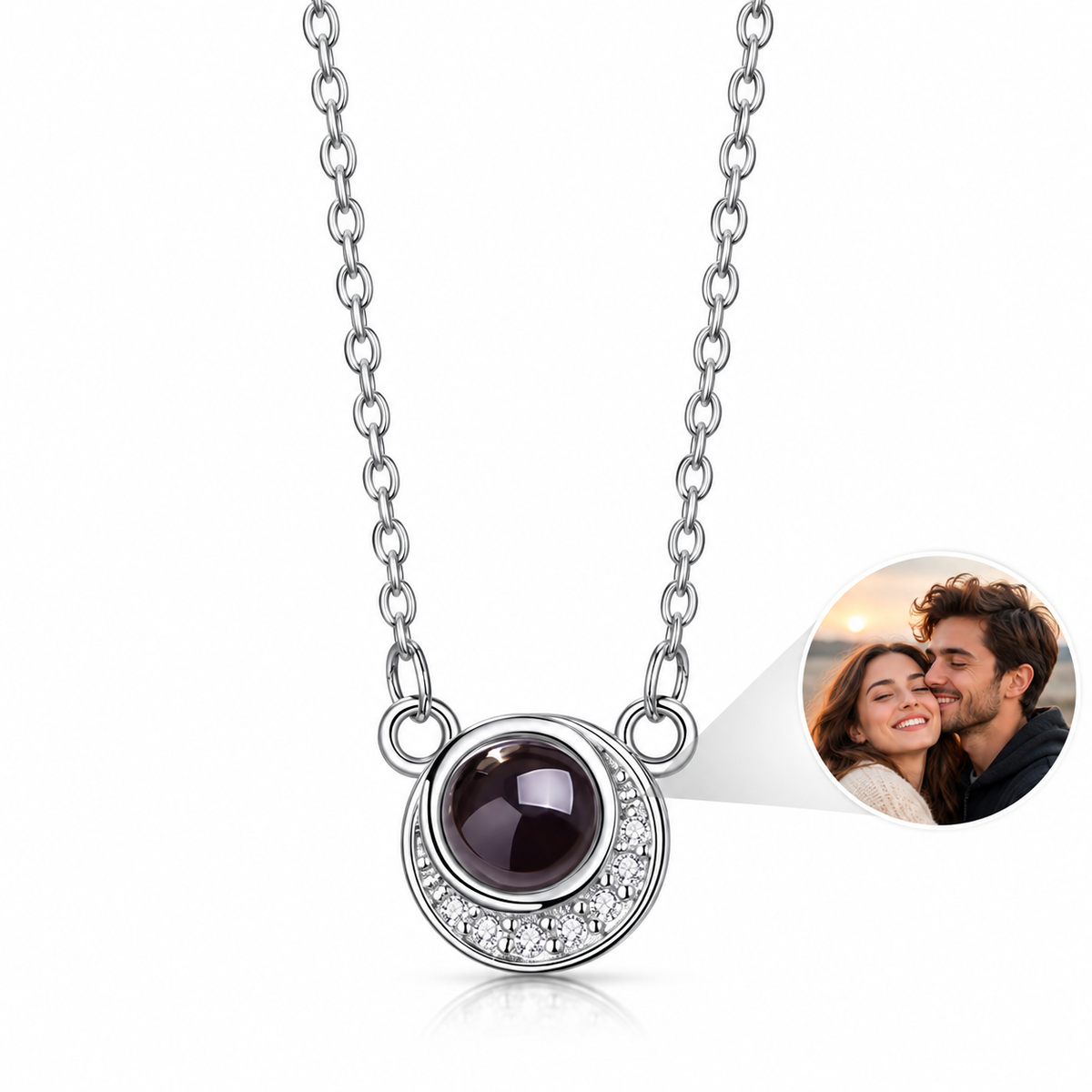 Personalized Sparkling Crescent Photo Necklace