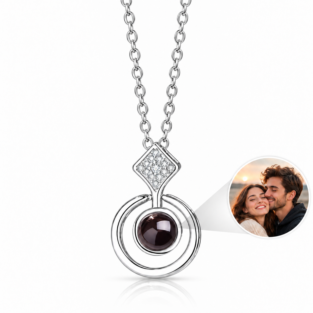 Personalized Sparkling Diamond-Shaped Circle Photo Necklace