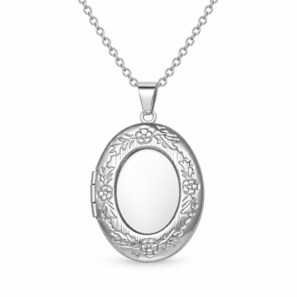 Personalized Floral Border Oval Photo Locket Necklace