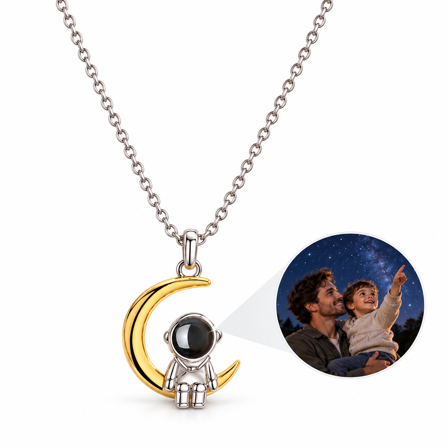 Personalized Astronaut Crescent Moon Photo Necklace