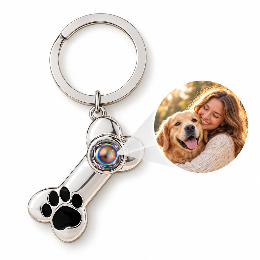 Personalized Dog Bone and Paw Photo Keychain