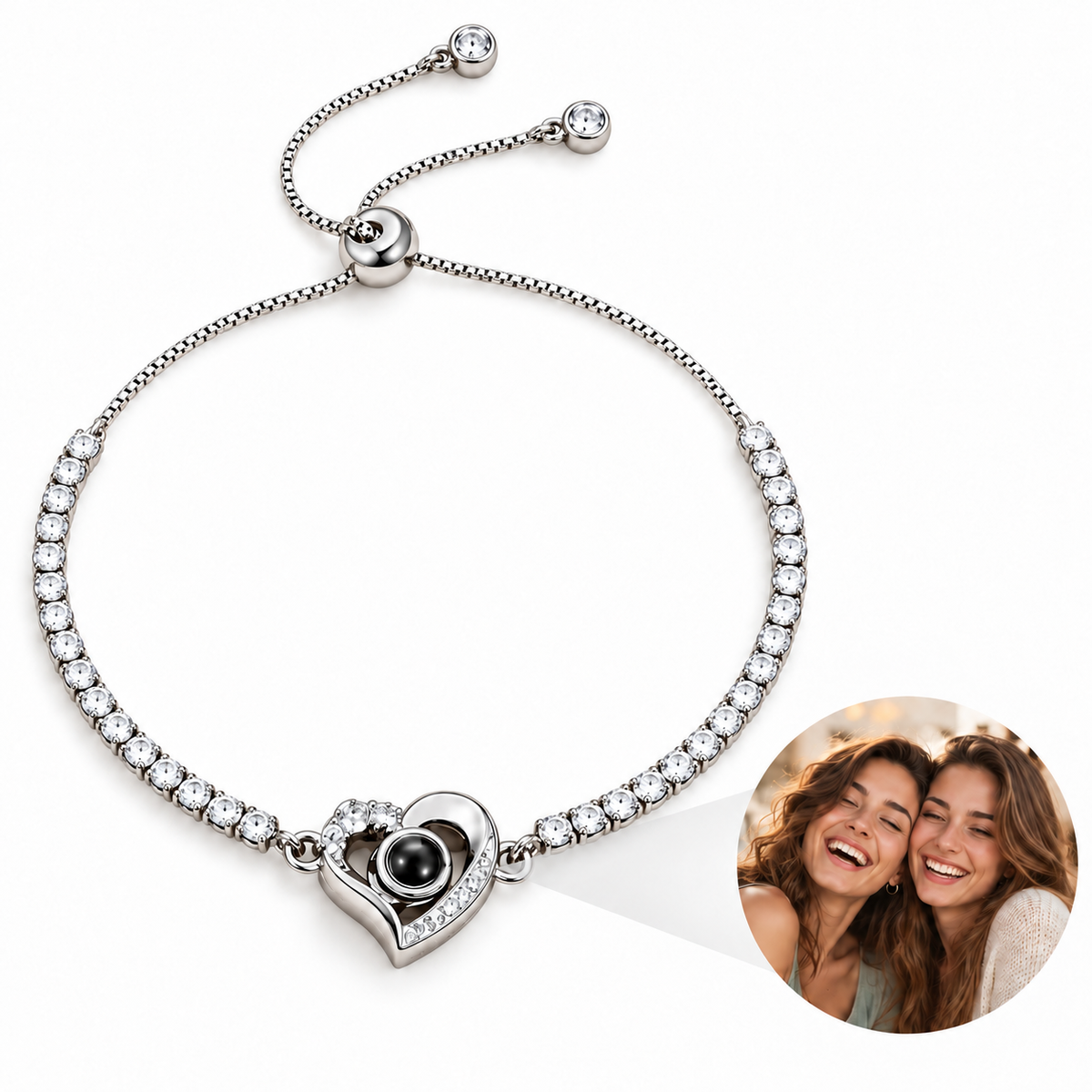 Personalized Sparkling Heart Bolo Photo Bracelet