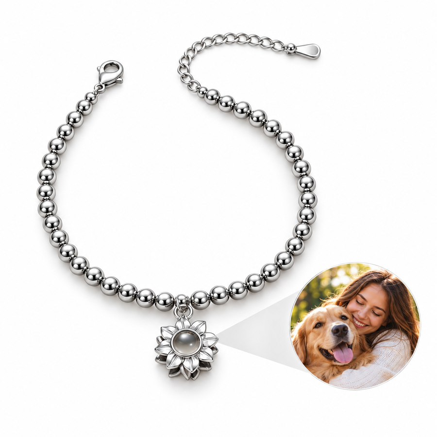 Personalized Sunflower Charm Beaded Photo Bracelet