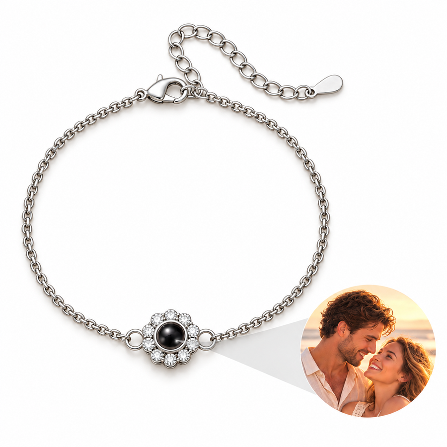 Personalized Sparkling Flower Fine Chain Photo Bracelet