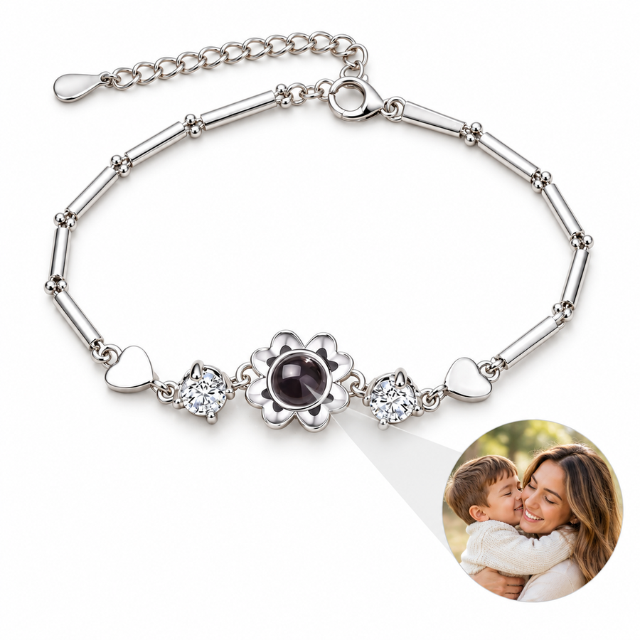 Personalized Flower and Heart Bar-Link Photo Bracelet