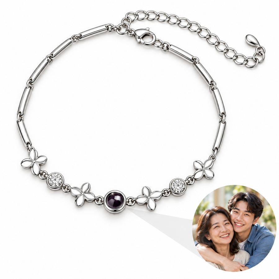 Personalized Four-Petal Bar-Link Photo Bracelet