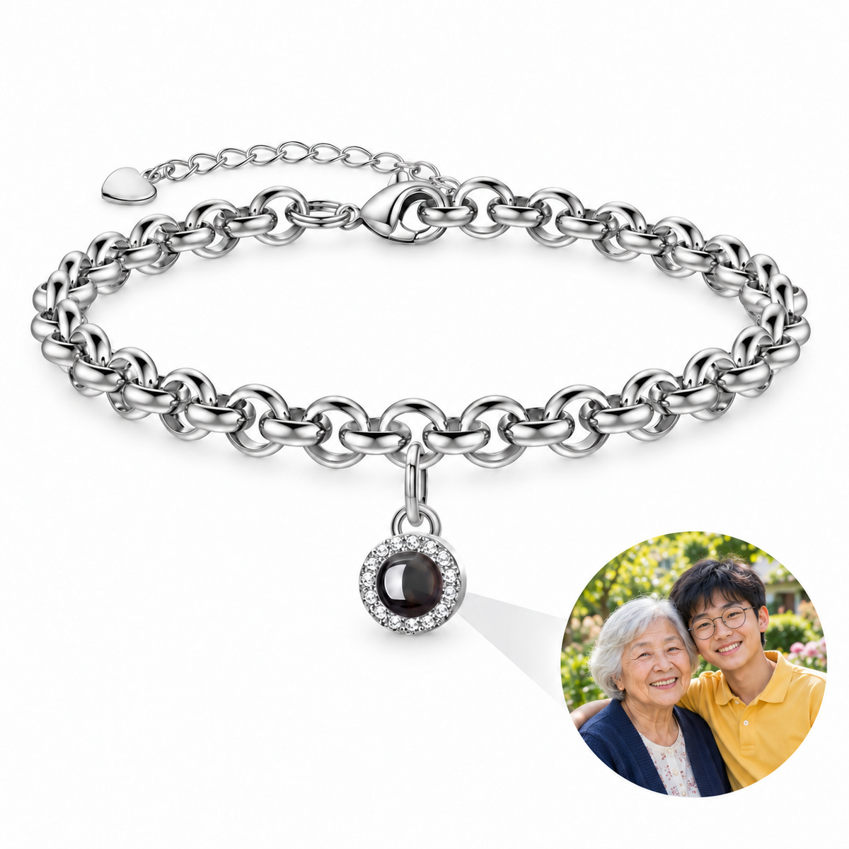 Personalized Halo Charm Rolo Chain Photo Bracelet