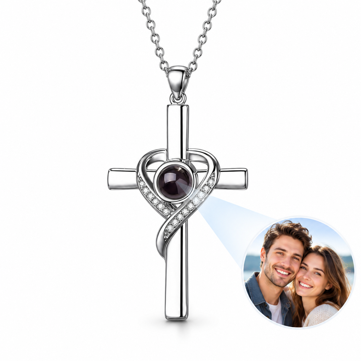 Personalized Heart-Wrapped Cross Photo Necklace