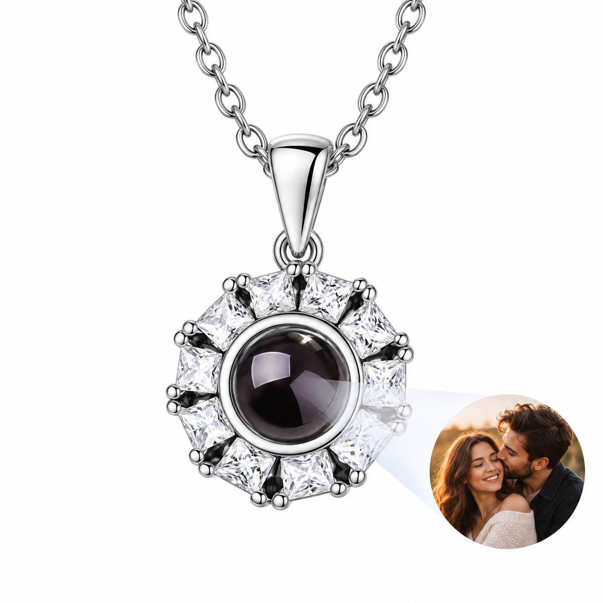 Personalized Square-Accent Flower Halo Photo Necklace