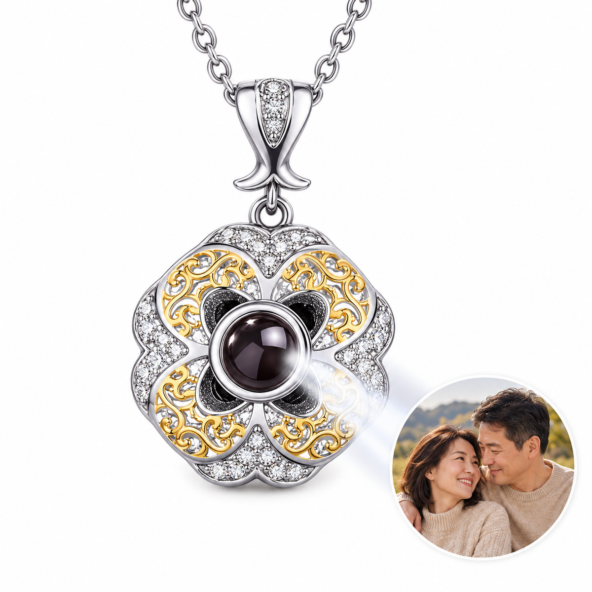 Personalized Ornate Two-Tone Flower Photo Necklace