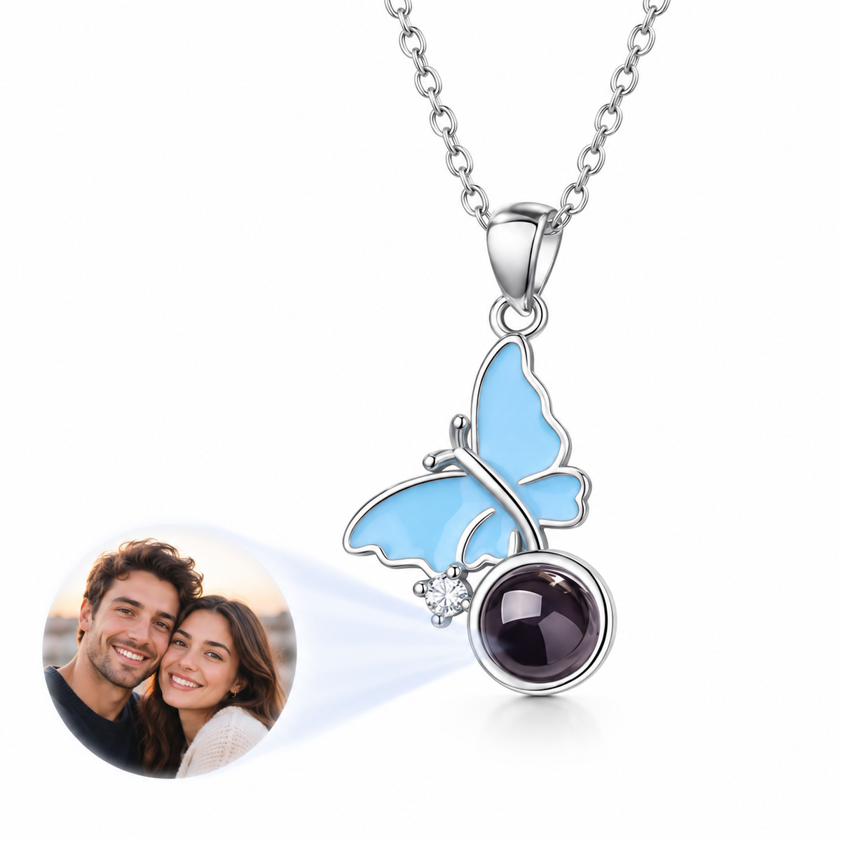 Personalized Blue Butterfly Photo Necklace