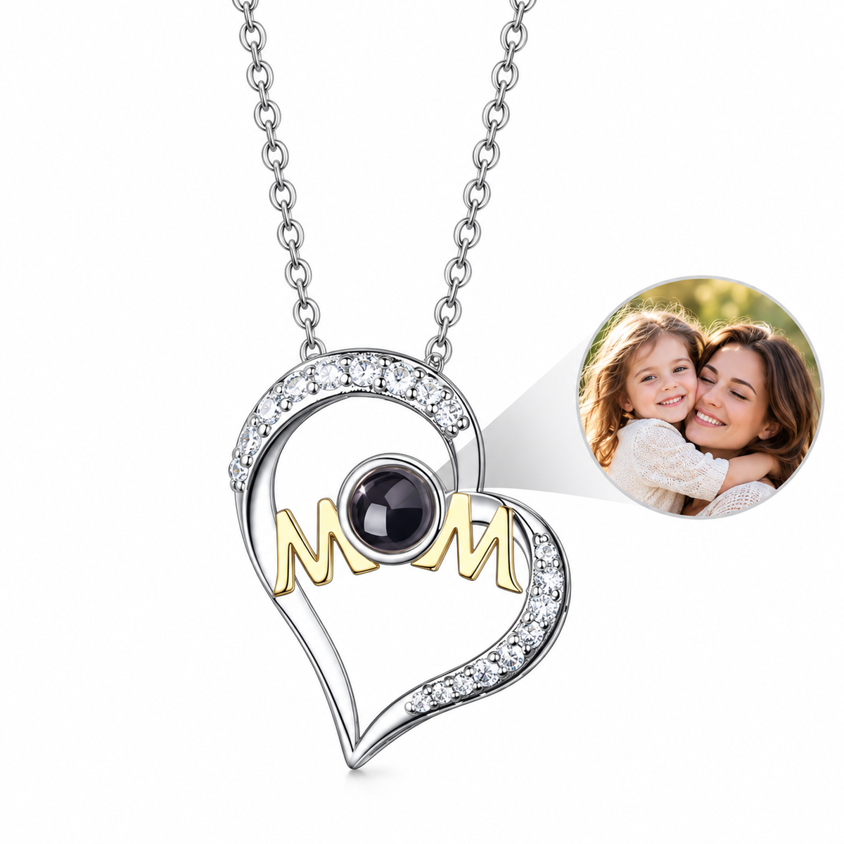 Personalized Two-Tone MOM Heart Photo Necklace