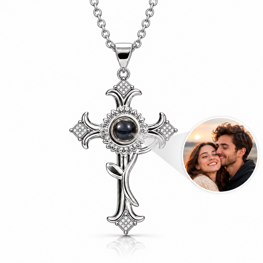 173 silver sunflower cross necklace on white with custom photo projection